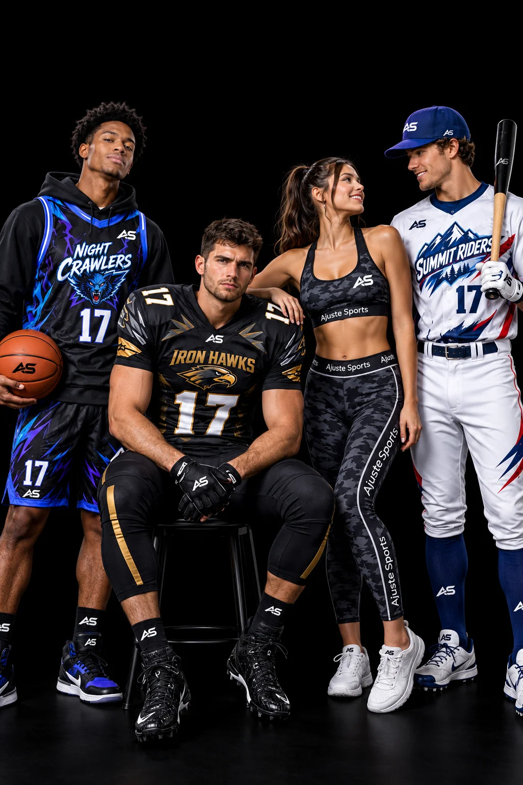 Athletes in custom Ajuste Sports basketball, football, activewear and baseball uniforms